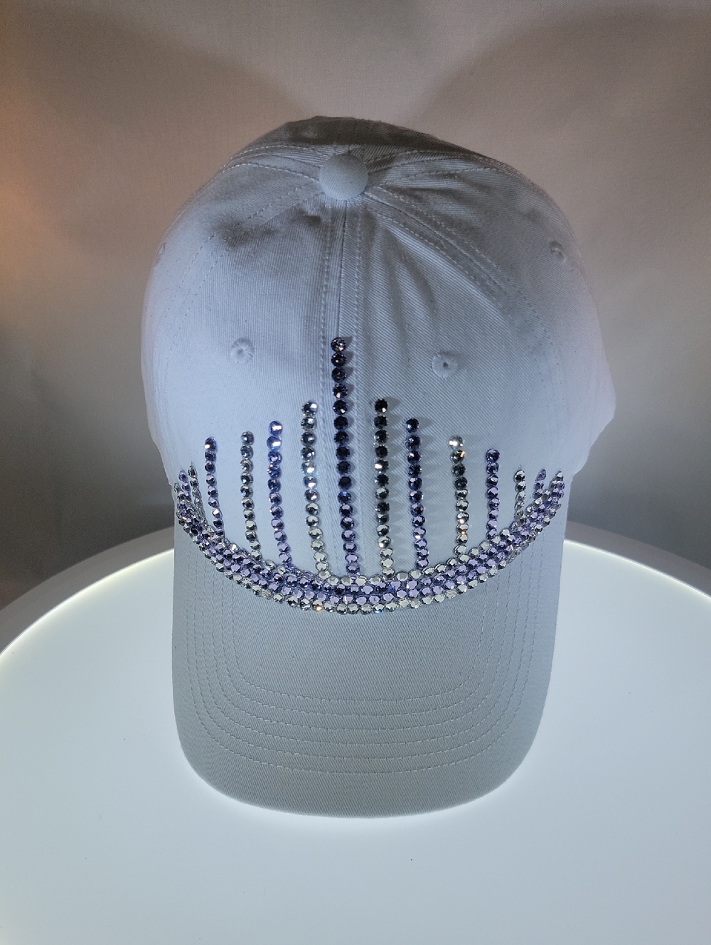 White Baseball Cap with Purple Crystal Fan Accent